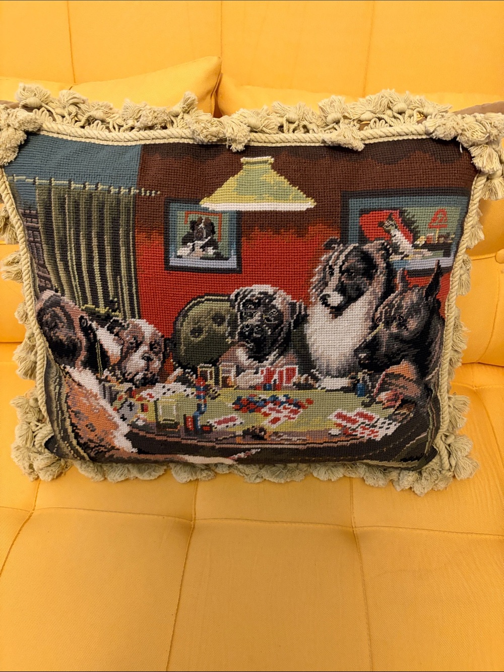 Vintage Aubusson hand made Needlepoint  "Dogs Playing Poker" Decorative Pillow